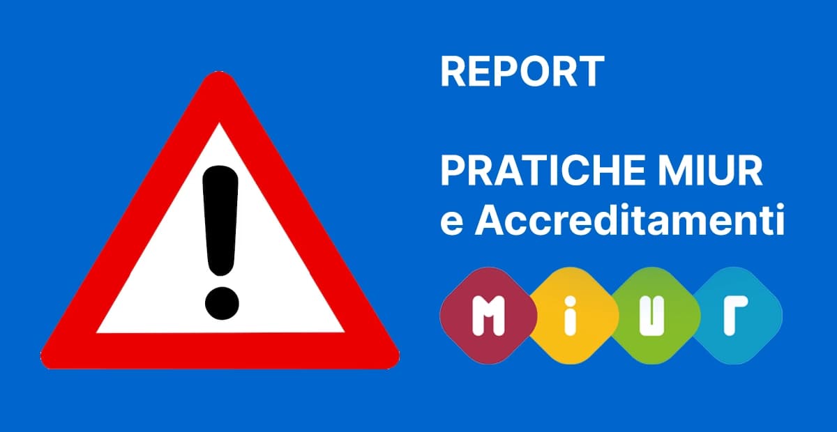 Design informativo con segnale di avvertimento, scritta “REPORT PRATICHE MIUR e Accreditamenti” e logo MIUR su sfondo blu.