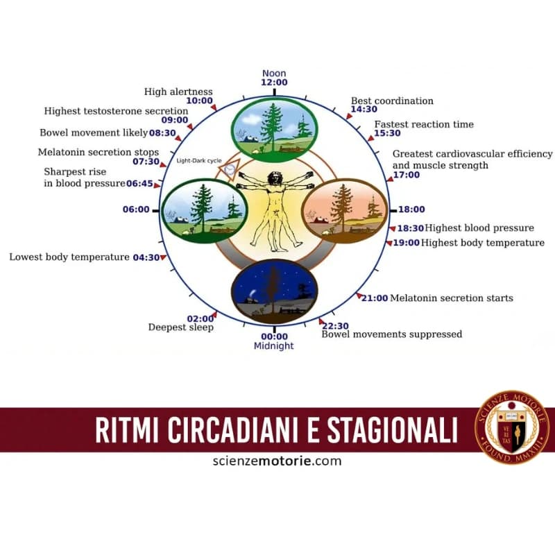 Diagramma dei ritmi circadiani e stagionali con l’Uomo Vitruviano al centro, le quattro stagioni e annotazioni delle funzioni biologiche nelle 24 ore.