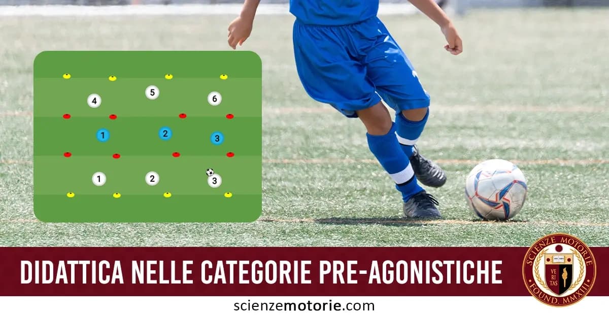 Bambino che dribbla un pallone su un campo da calcio, con diagramma tattico sovrapposto che mostra esercitazione didattica per categorie pre-agonistiche.
