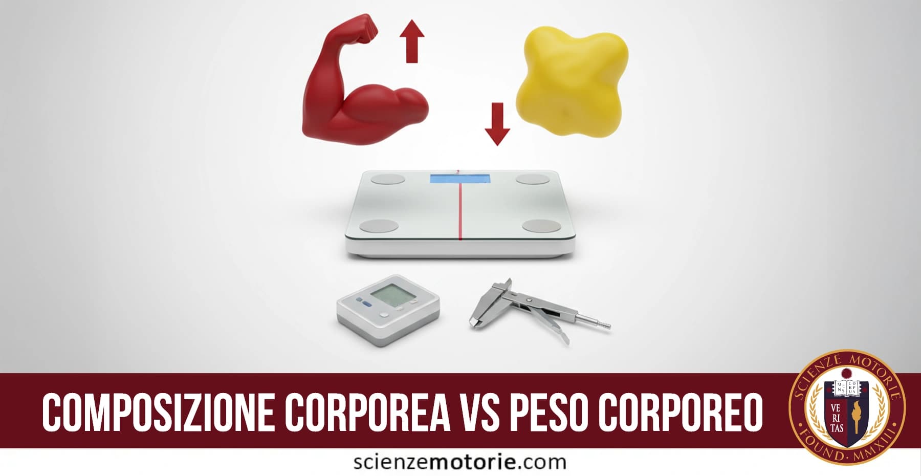 Bilancia con rappresentazioni di muscolo e grasso corporeo, che illustra la differenza tra peso corporeo e composizione corporea, con strumenti di misurazione come plicometro e bioimpedenziometro.