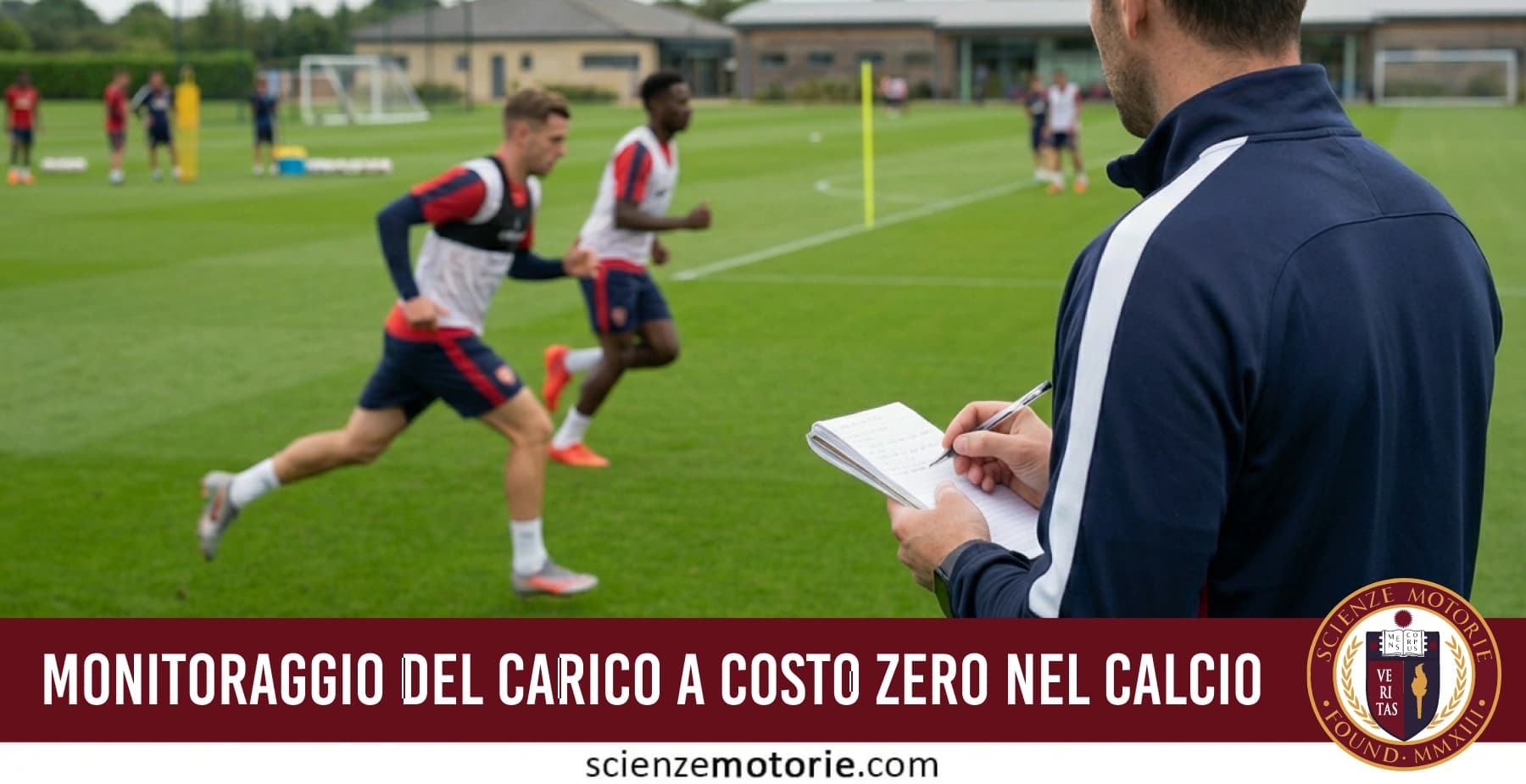 Preparatore atletico che registra manualmente dati durante una sessione di allenamento calcistico ad alta intensità con calciatori in sprint.