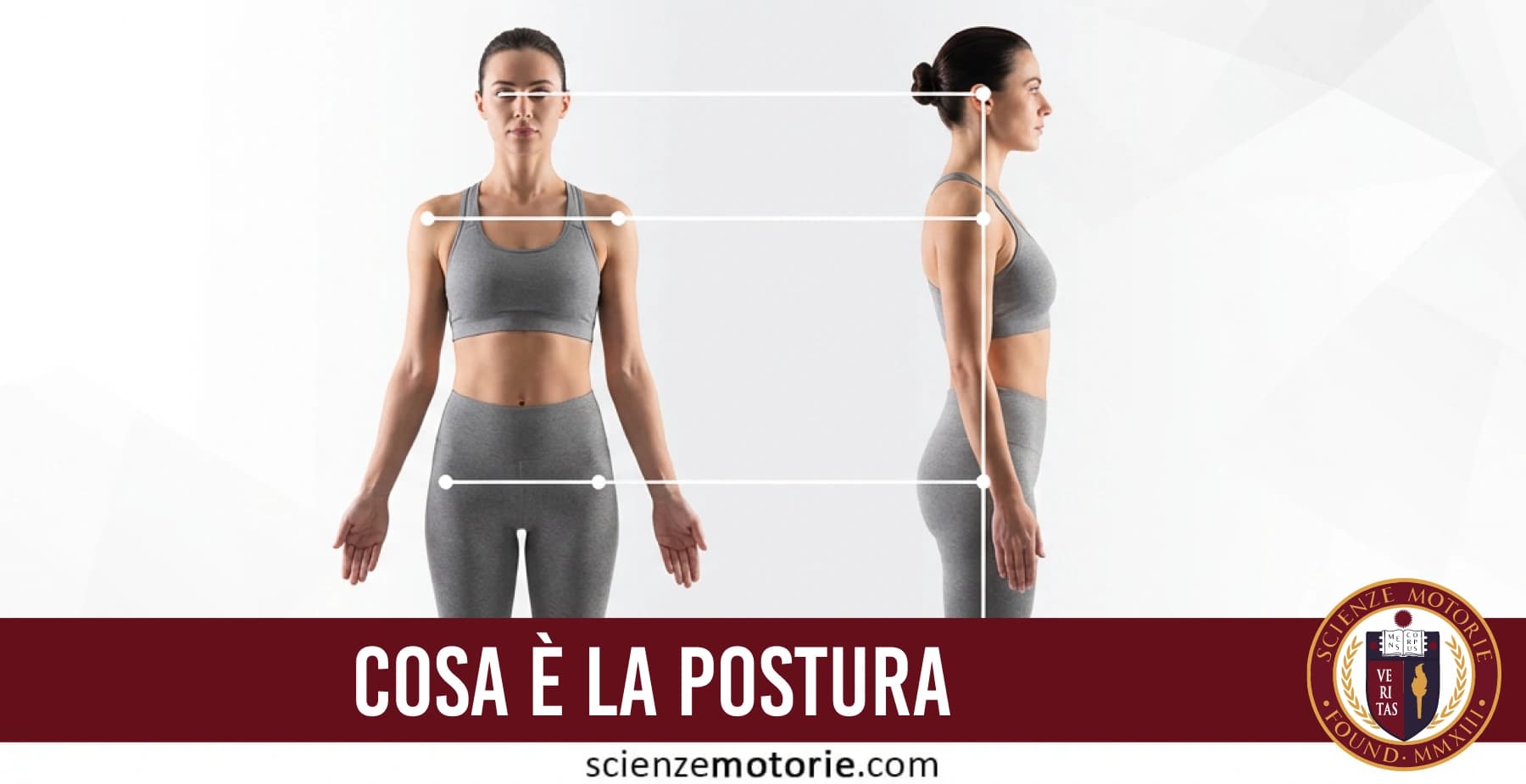 Illustrazione digitale educativa di due persone in abbigliamento sportivo che mostrano la postura corretta, una frontale e una di lato.