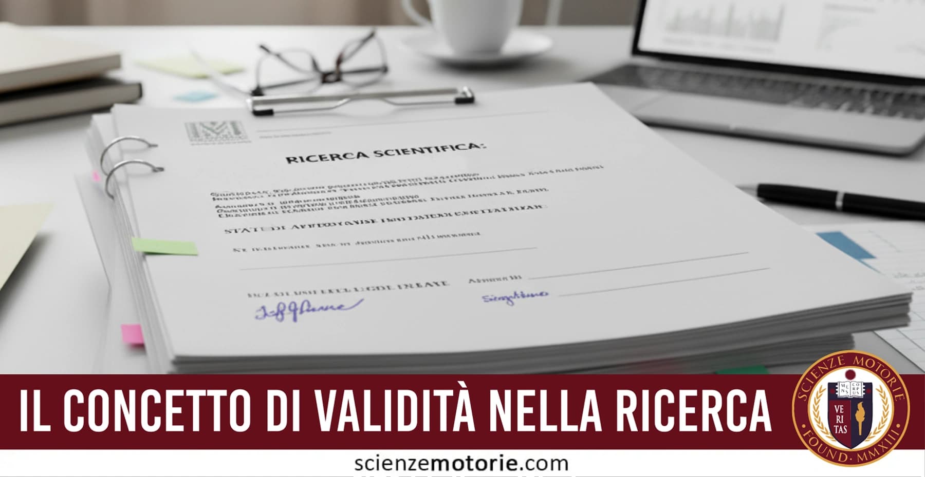 Documenti di ricerca scientifica su una scrivania con il titolo Il concetto di validità nella ricerca e accessori da ufficio