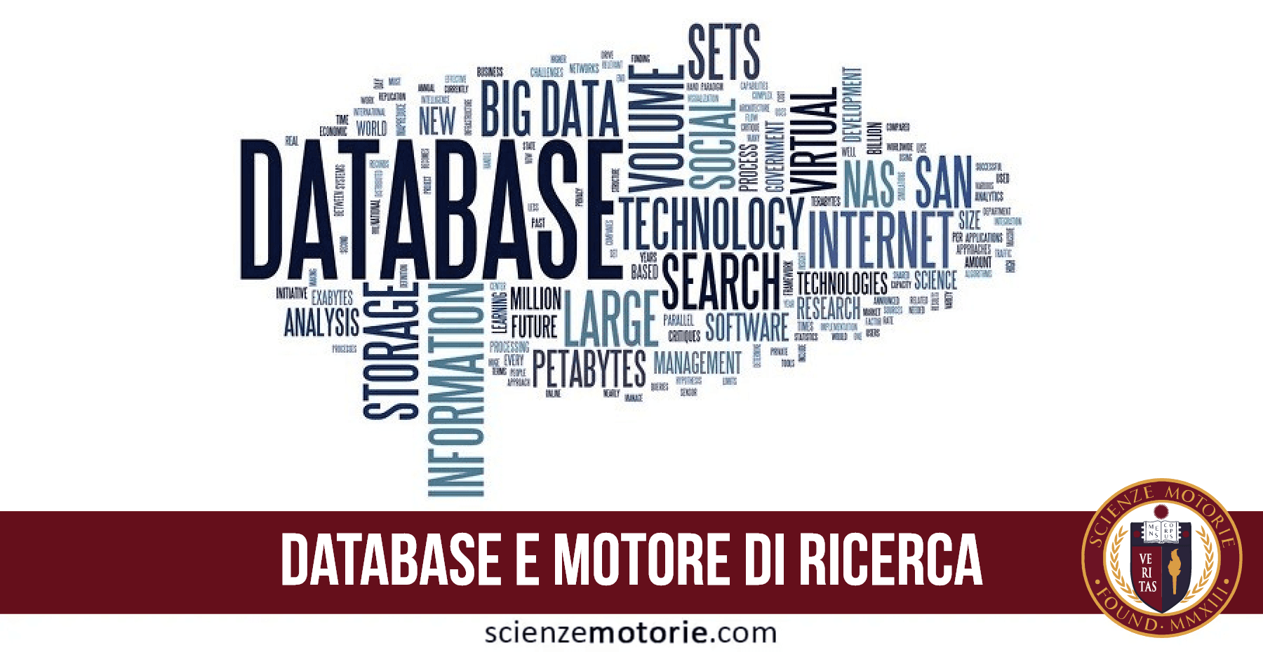 Word cloud con termini legati a database, big data e tecnologia, con intestazione rossa "DATABASE E MOTORE DI RICERCA" e logo Scienze Motorie.
