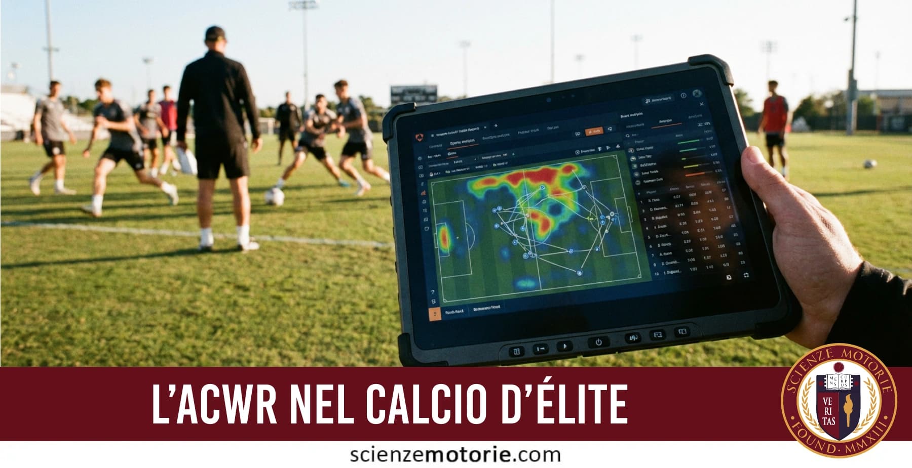 Monitoraggio del carico di lavoro nel calcio d’élite con tablet, heatmap e dati ACWR durante l’allenamento.