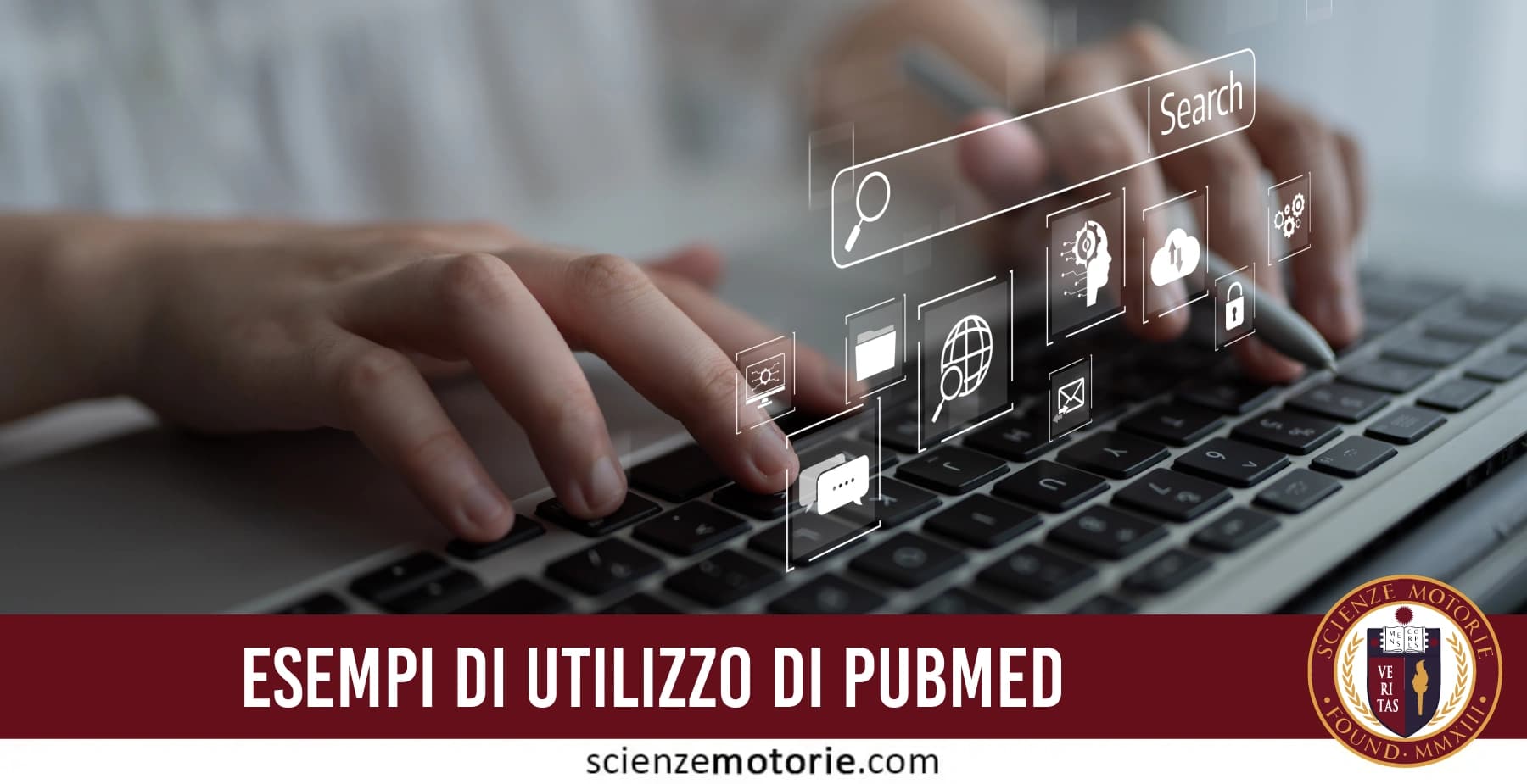 Copertina sulla ricerca scientifica nelle scienze motorie con strumenti digitali, database biomedici e competenze di analisi dei dati.